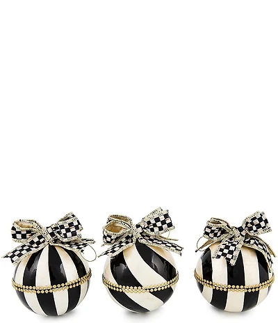 MacKenzie-Childs Holiday Collection Courtly Noel Stripe Capiz Ball Ornaments, Set of 3