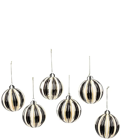 MacKenzie-Childs Courtly Noel Stripe Glass Ball Ornaments, Set of 6