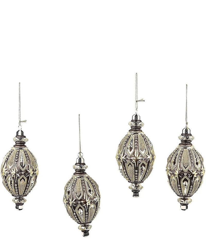 MacKenzie-Childs Holiday Collection Courtly Noel Teardrop Glass Ornaments, Set of 4