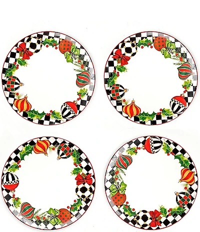 MacKenzie-Childs Holiday Collection Deck The Halls Dinner Plates, Set of 4