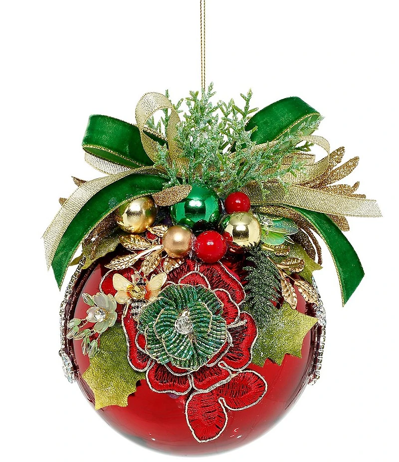 Mark Roberts Floral Jeweled Ball Ornament, Shiny, Red