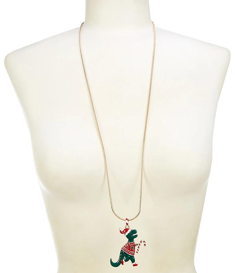 Merry & Bright Christmas Dinosaur Long Pendant Necklace