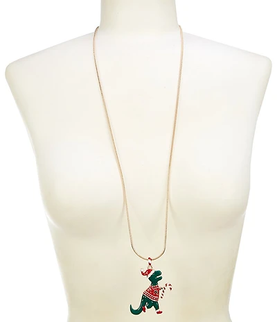 Merry & Bright Christmas Dinosaur Long Pendant Necklace