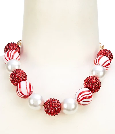 Merry & Bright Christmas Peppermint Candy & Pearl Beaded Collar Necklace
