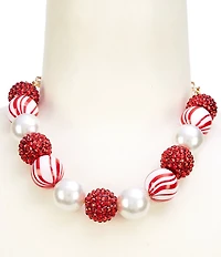Merry & Bright Christmas Peppermint Candy & Pearl Beaded Collar Necklace