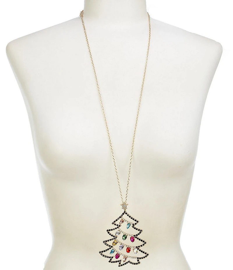 Merry & Bright Crystal Christmas Tree Long Pendant Necklace