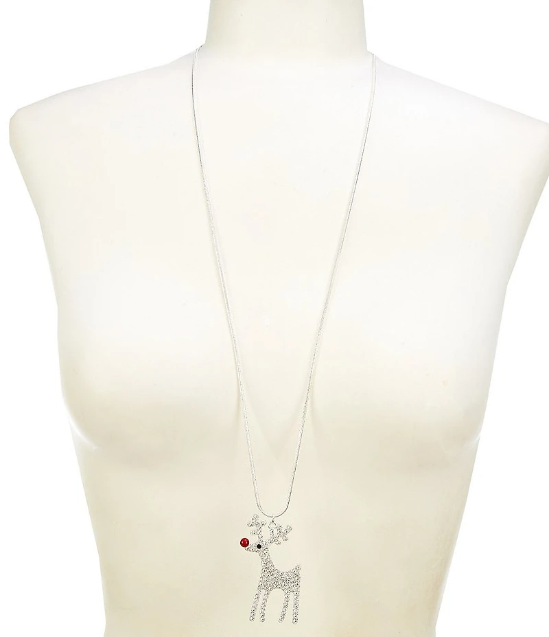 Merry & Bright Crystal Pave Christmas Reindeer Long Pendant Necklace