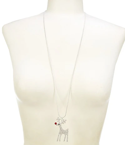 Merry & Bright Crystal Pave Christmas Reindeer Long Pendant Necklace