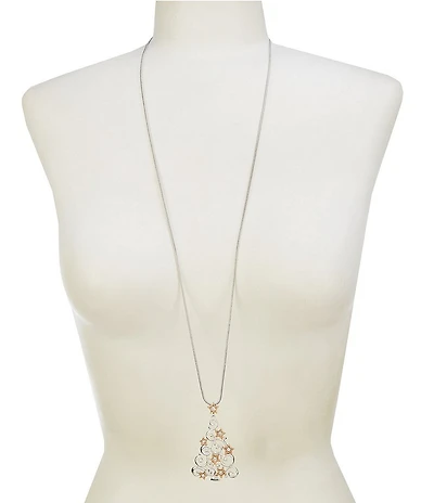 Merry & Bright Crystal Stone Swirl Christmas Tree Long Pendant Necklace