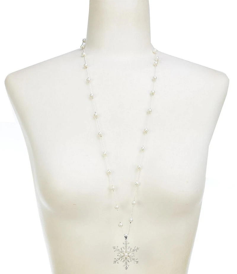 Merry & Bright Illusion Pearl Chain Snowflake Long Pendant Necklace