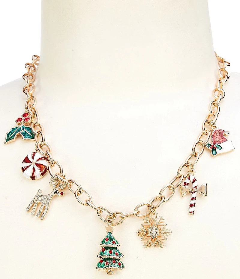Merry & Bright Multi Enamel Christmas Charm Collar Statement Necklace