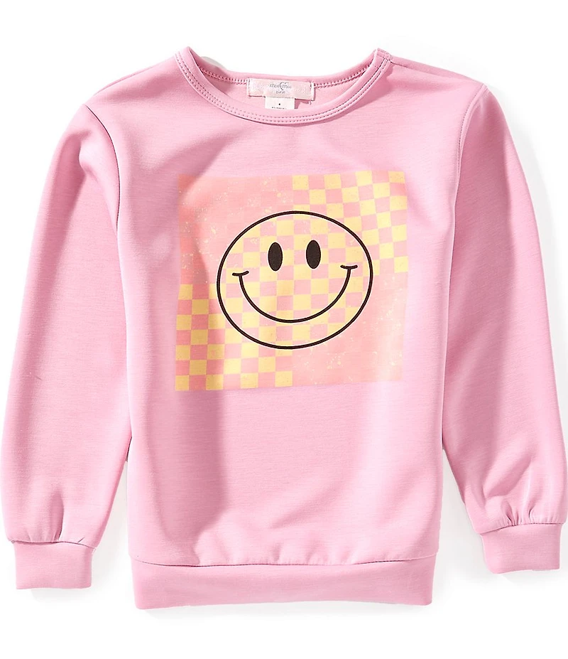 Moa Moa Little Girls Long Sleeve Smiley Face Checkered Details Round Neck Sweatshirt