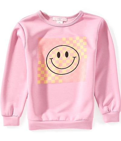 Moa Moa Little Girls Long Sleeve Smiley Face Checkered Details Round Neck Sweatshirt