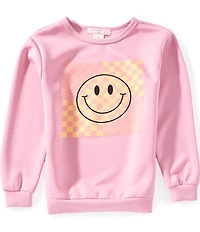 Moa Moa Little Girls Long Sleeve Smiley Face Checkered Details Round Neck Sweatshirt