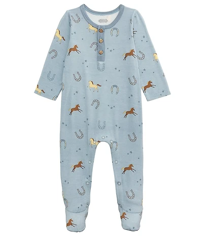 Mud Pie Baby Boys Horeshoe/Horses-Printed Footie Coverall