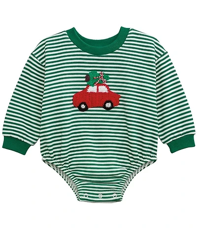 Mud Pie Baby Boys Long-Sleeve Striped/Crocheted-Car-Motif Brushed French Terry Bodysuit