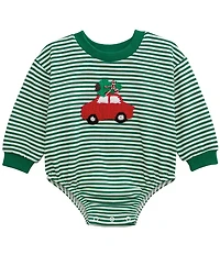 Mud Pie Baby Boys Long-Sleeve Striped/Crocheted-Car-Motif Brushed French Terry Bodysuit