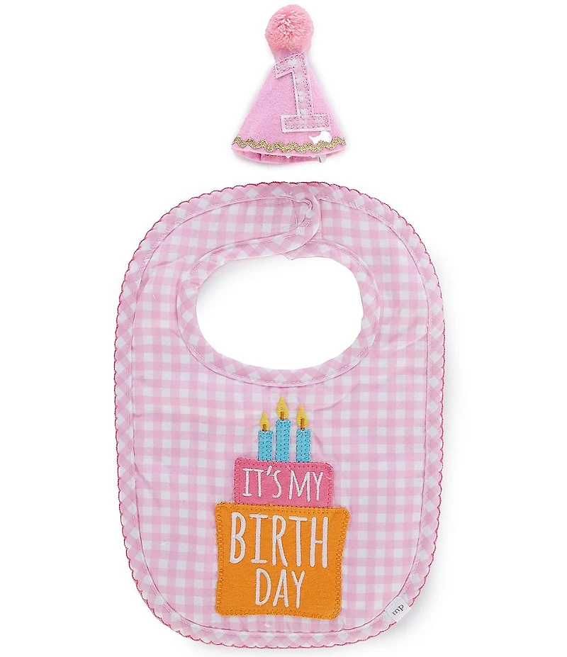 Mud Pie Baby Girls 1st Birthday Gingham Bib and Party Hat Set