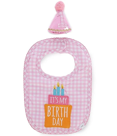 Mud Pie Baby Girls 1st Birthday Gingham Bib and Party Hat Set