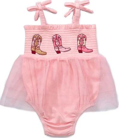 Mud Pie Baby Girls Bow Shoulder Straps Embroidered Boot Detail Tutu Crawler Dress