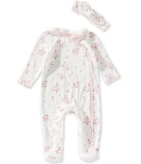 Mud Pie Baby Girls Floral Blossom Ruffle Hem Footed Coverall with Headband