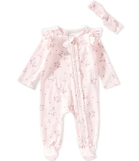 Mud Pie Baby Girls Floral Blossom Zip Front Footie & Bow Set