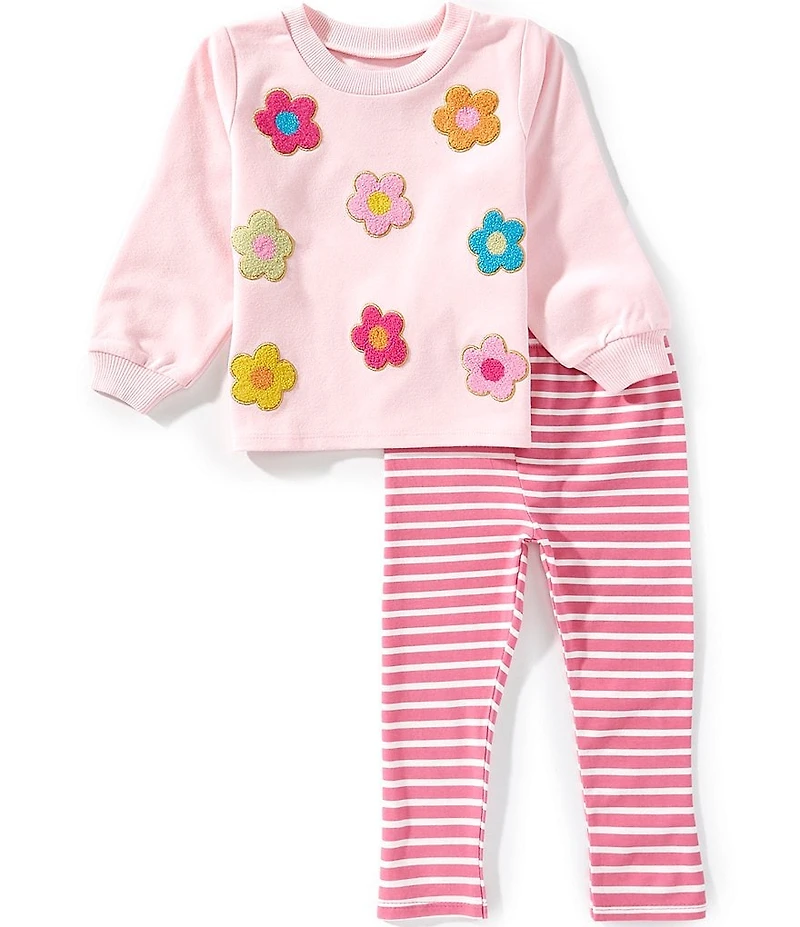 Mud Pie Baby Girls Long Sleeve Boucle Flower Sweatshirt & Striped Leggings 2-Piece Set