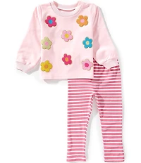 Mud Pie Baby Girls Long Sleeve Boucle Flower Sweatshirt & Striped Leggings 2-Piece Set