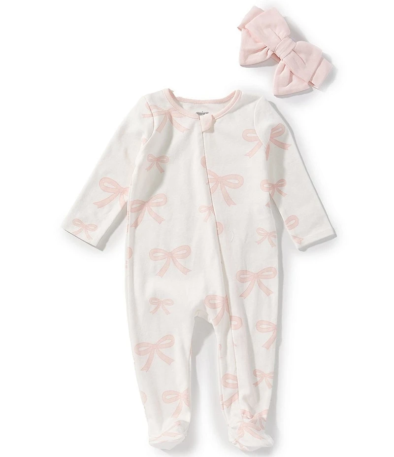 Mud Pie Baby Girls Long Sleeve Bow Print Cotton Footed Coverall