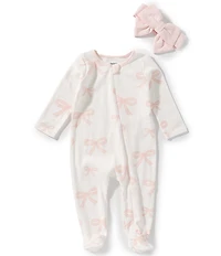 Mud Pie Baby Girls Long Sleeve Bow Print Cotton Footed Coverall
