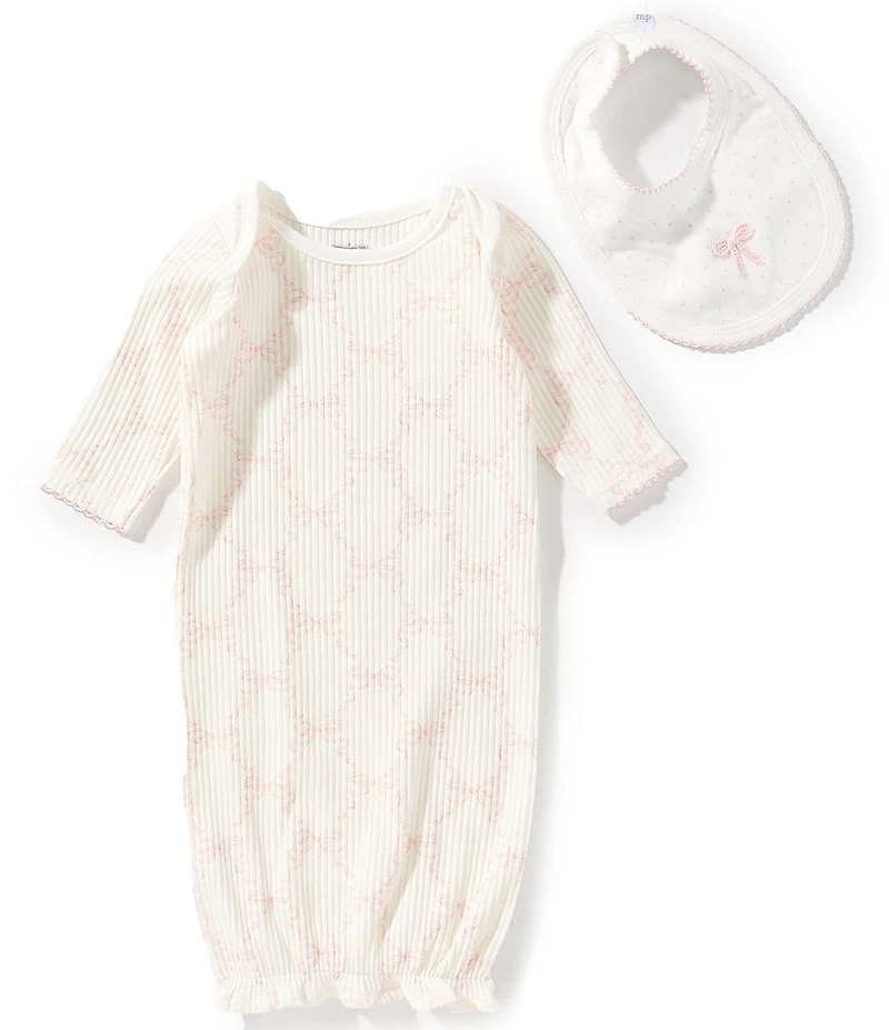 Mud Pie Baby Girls Long Sleeve Bow Print Rib Knit Night Gown