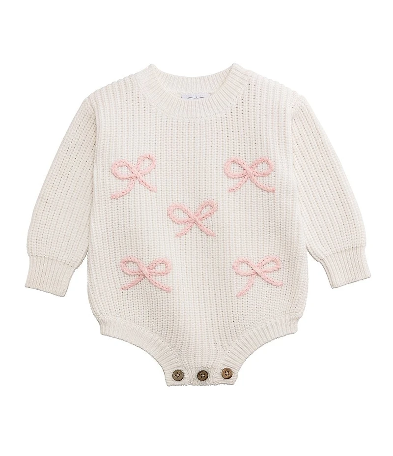 Mud Pie Baby Girls Long-Sleeve Chain-Stitched-Bow Sweater-Knit Bodysuit