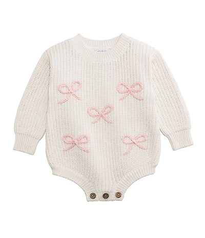 Mud Pie Baby Girls Long-Sleeve Chain-Stitched-Bow Sweater-Knit Bodysuit
