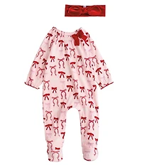 Mud Pie Baby Girls Long-Sleeve Christmas Bow Printed Footed Coverall