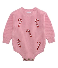 Mud Pie Baby Girls Long-Sleeve Crocheted Candy Cane Sweater-Knit Bodysuit