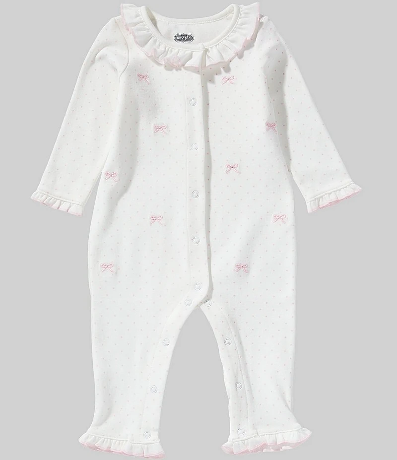 Mud Pie Baby Girls Long Sleeve Ruffle Collar Embroidered Bows Bodysuit