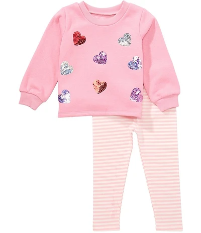 Mud Pie Baby Girls Long Sleeve Heart Sweatshirt & Stripe Jersey Leggings Set