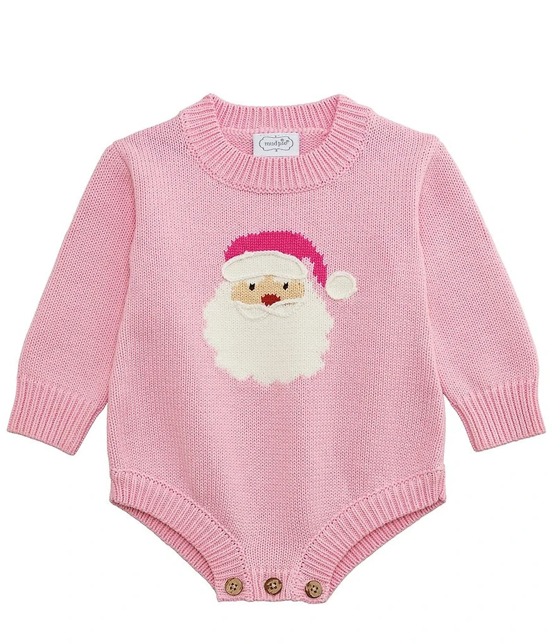 Mud Pie Baby Girls Long-Sleeve Santa-Face-Applique Sweater-Knit Bodysuit
