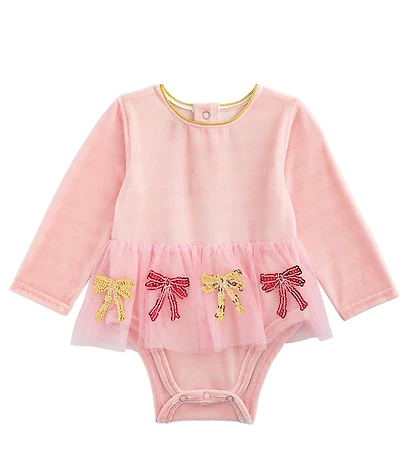 Mud Pie Baby Girls Long-Sleeve Sequin-Embellished-Bow-Design Mesh-Tutu-Skirted Velour Bodysuit