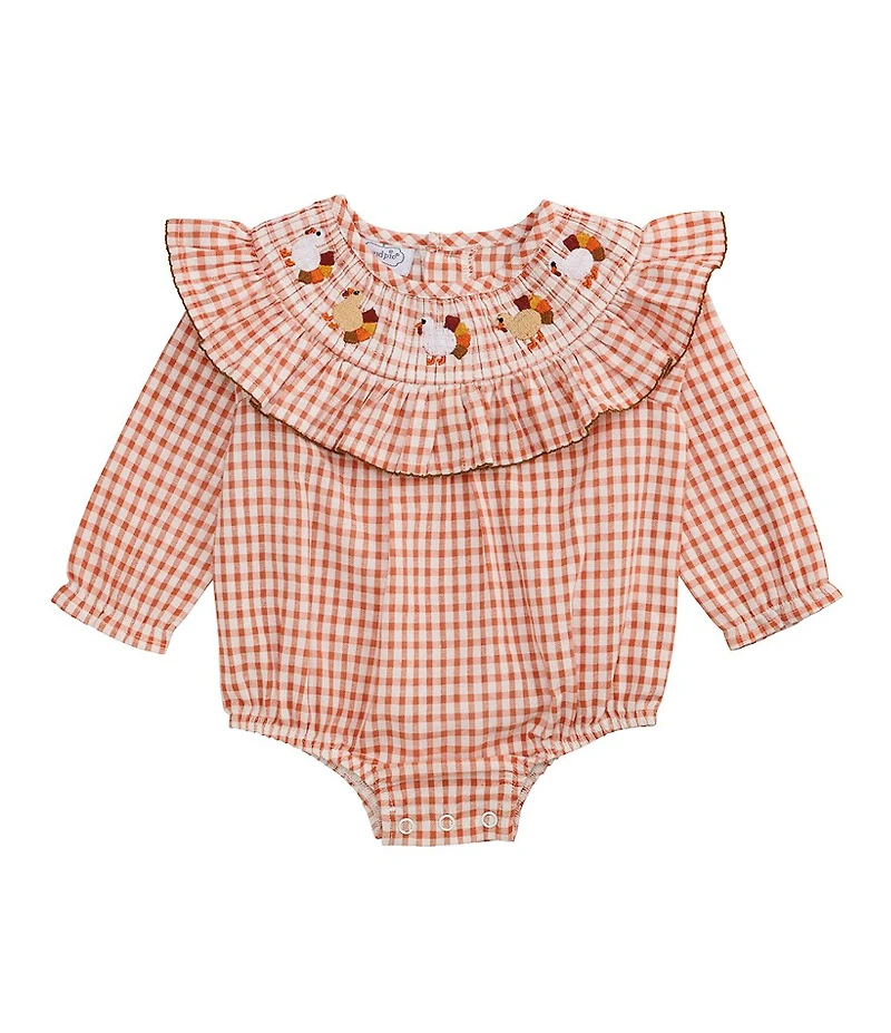Mud Pie Baby Girls Long Sleeve Smocked Gingham Turkey Bubble