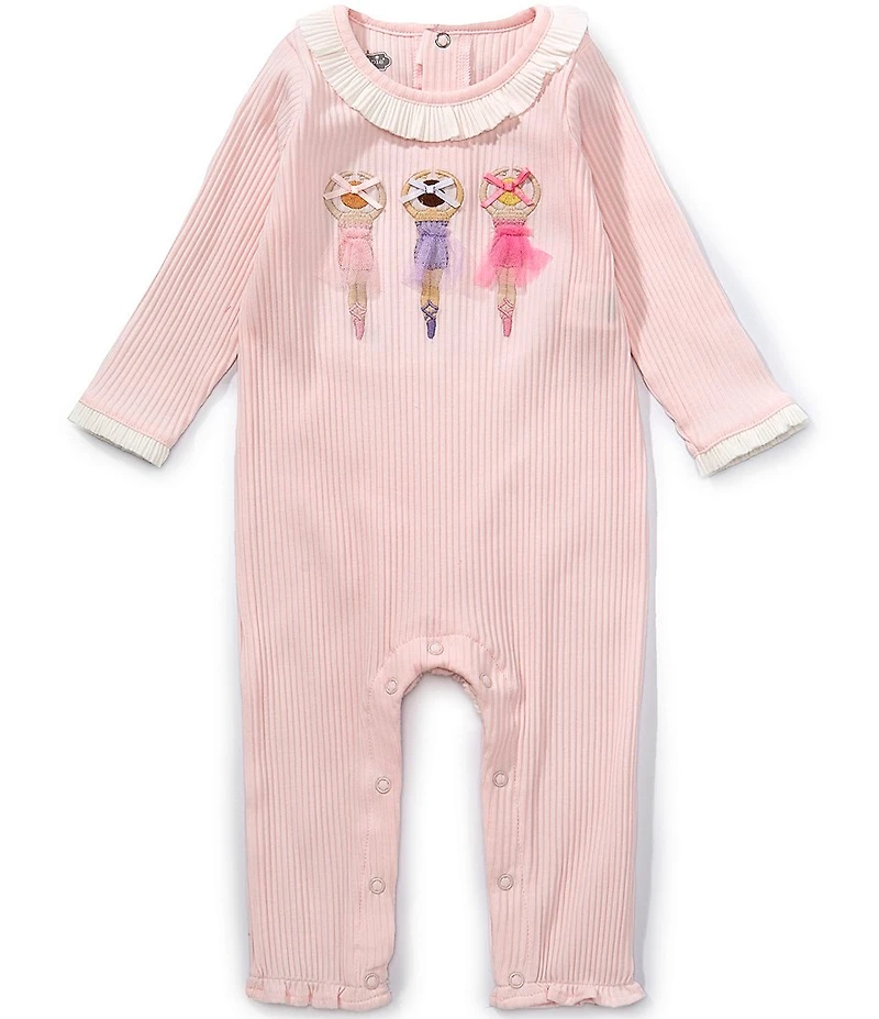Mud Pie Baby Girls Ruffle Neckline Ballerina Applique Long-all