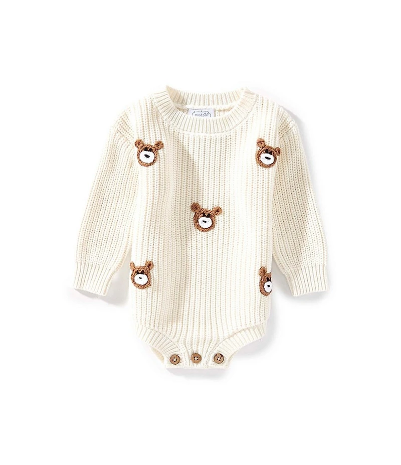 Mud Pie Baby Long Sleeve Bear-Face-Applique Crocheted Bodysuit