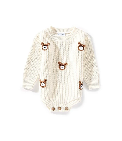 Mud Pie Baby Long Sleeve Bear-Face-Applique Crocheted Bodysuit