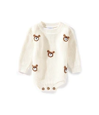 Mud Pie Baby Long Sleeve Bear-Face-Applique Crocheted Bodysuit