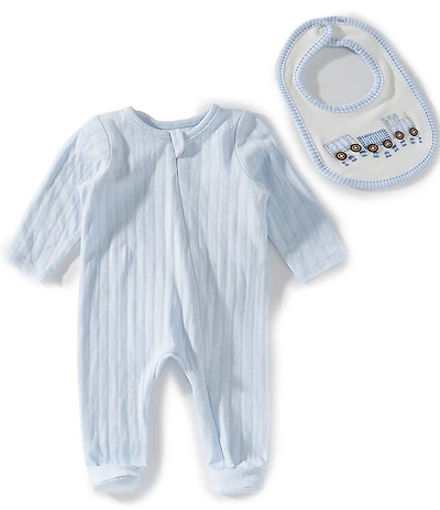 Mud Pie Baby Boys Pointelle Footed Sleeper With Train Appliqued Bib 2-Piece Set