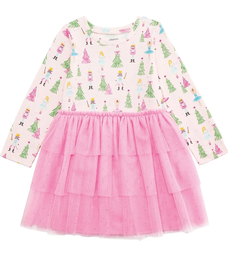 Mud Pie Baby/Little Girls Long-Sleeve Nutcracker-Printed Knit Bodice/Mesh-Tutu-Skirted Fit-And-Flare Dress