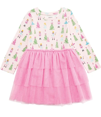 Mud Pie Baby/Little Girls Long-Sleeve Nutcracker-Printed Knit Bodice/Mesh-Tutu-Skirted Fit-And-Flare Dress