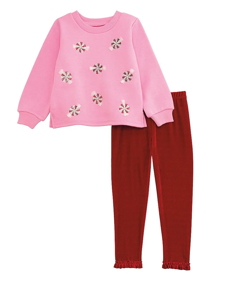 Mud Pie Baby/Little Girls Long-Sleeve Peppermint-Applique Brushed French Terry Sweatshirt & Coordinating Velvet Leggings Set