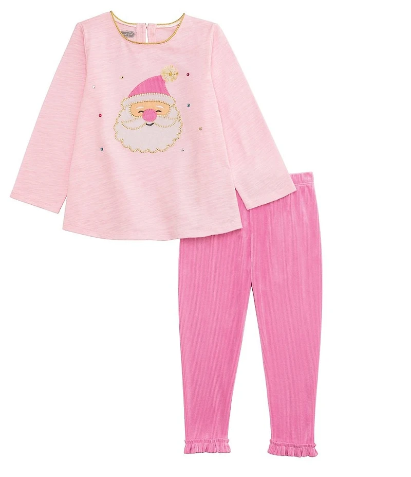 Mud Pie Baby/Little Girls Long-Sleeve Santa-Face-Appliqued Slub-Knit Top & Velour Leggings Set