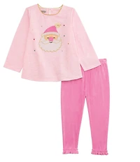 Mud Pie Baby/Little Girls Long-Sleeve Santa-Face-Appliqued Slub-Knit Top & Velour Leggings Set